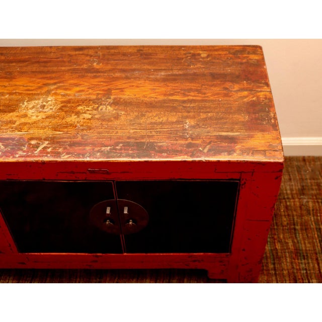 Antique Chinese Low Red Elmwood Cabinet For Sale - Image 4 of 12