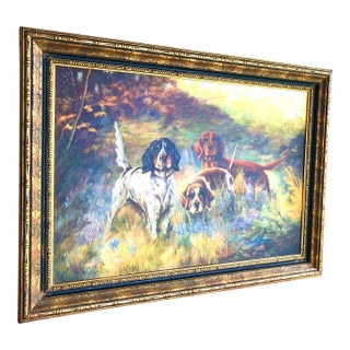 1940s Hunting Dogs Painting 3 Dogs Oil on Canvas Signed Lavelle 6/40, Framed For Sale