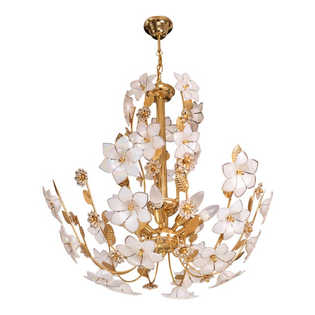 Large Vintage Murano Glass Chandelier White Flowers, 1970 For Sale