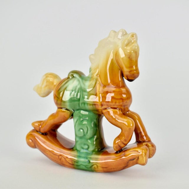 Mid-Century Modern Vintage Tang Dynasty Style Rocking Horse Figurine | 1970s Drip Glaze Ceramic | Mid Century Nursery Decor Gift | Shelf Accent Cognac Brown For Sale - Image 3 of 8