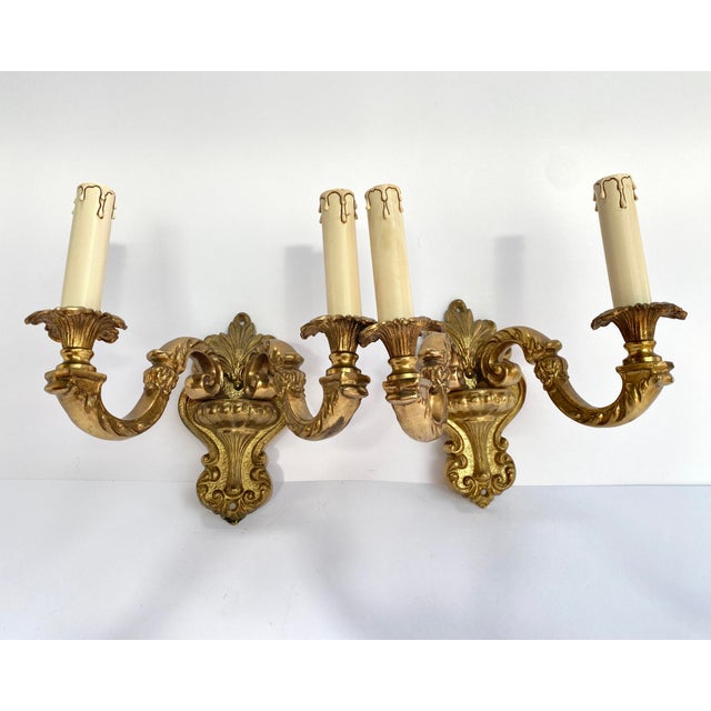 Pair of Double Arm Wall Sconces, Lights, French, 1960. Beautiful fine detailed foliage wrapped around the arms. Candle-...