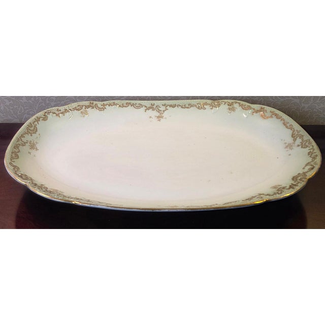 Limoges, France Antique Elite Works Limoges 18" Grand Hostess Platter - Gilded Scrolls & Celadon Dot Border For Sale - Image 4 of 12