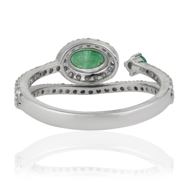 Metal Mid 20th Century Style Sterling Silver Emerald & Diamond Halo Bypass Ring Size 7.5 For Sale - Image 7 of 12
