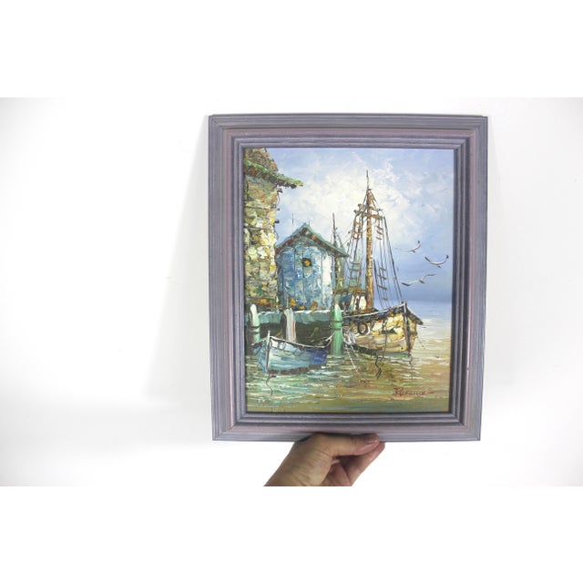 Wood Signed Vintage Oil Painting, Marina Sailboats, Mid-Century Nautical Art For Sale - Image 7 of 9