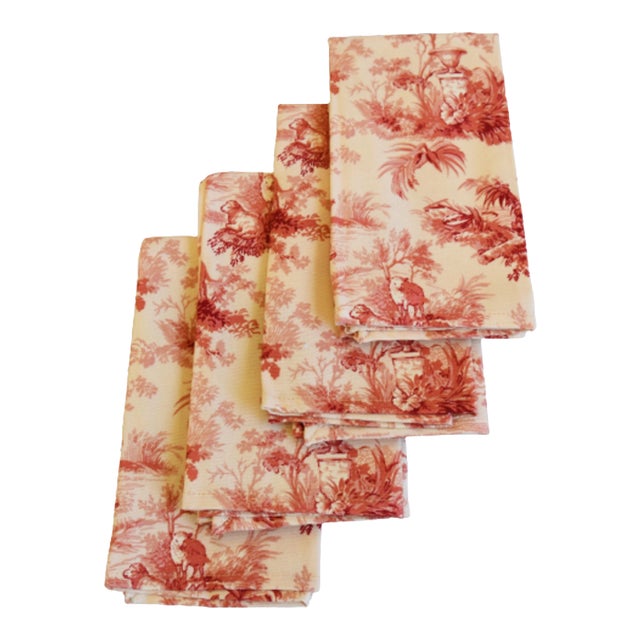 French Country Floral Cream, Red & Pink Toile Napkins - Set of 4 For Sale