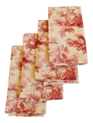 French Country Floral Cream, Red & Pink Toile Napkins - Set of 4
