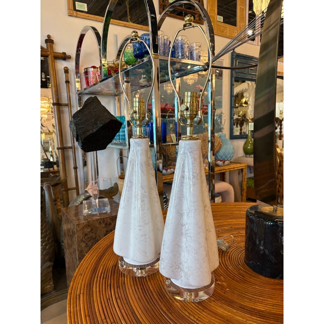 Vintage Murano Style Glass Fluted Scalloped Table Lamps Metallic Veins Newly Wired - a Pair For Sale - Image 9 of 12