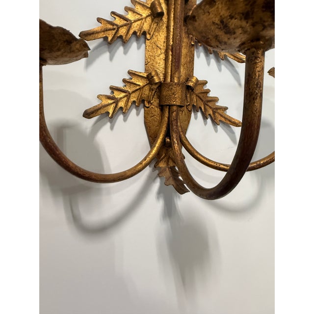 Metal Pair, Mid Century Italian Gilt Metal Leaf Starburst Three Arm Candle Sconces For Sale - Image 7 of 9