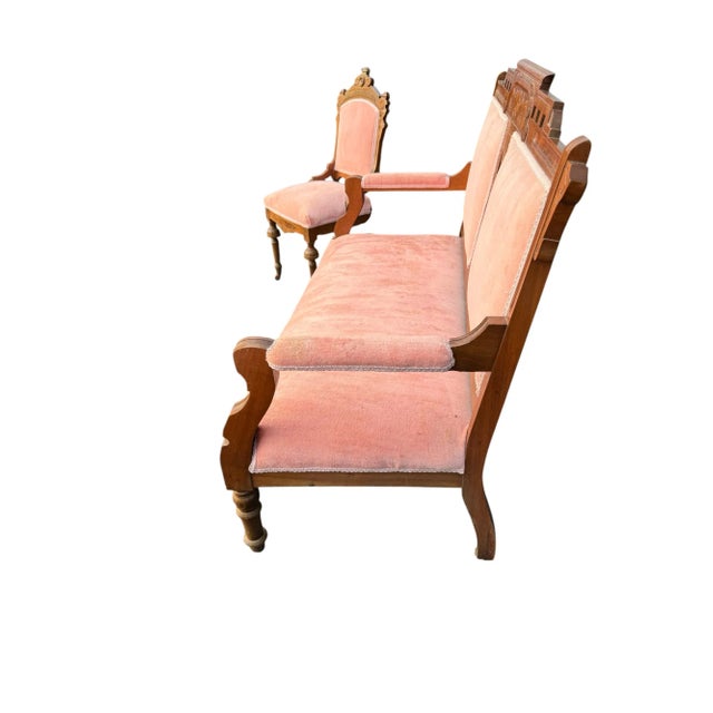 Quick Hits: Late 19th-century Victorian parlor set with settee and two chairs Upholstered in soft pink fabric with floral...