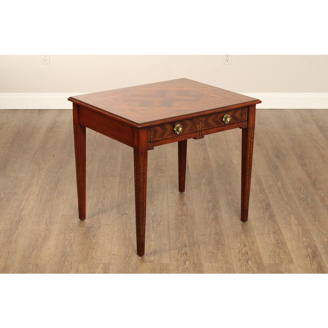High Quality Parquetry Decorated Side Table with Reeded Legs Single Dovetailed Drawer with Custom Beaded Pulls