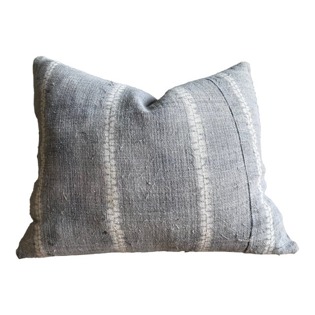 Vintage Textile One of a Kind Gray and White Lumbar Pillow With Down Insert For Sale