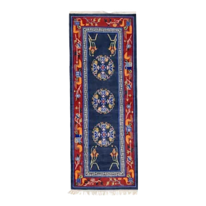 Vintage Art Deco Handmade Blue Chinese Wool Rug With Medallion Motif