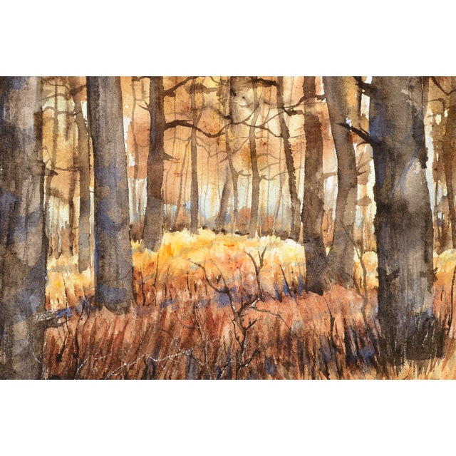 Autumn Forest , 1970's Earth-Tone Vertical Landscape Watercolor With Trees by Kay Swanson For Sale - Image 4 of 8