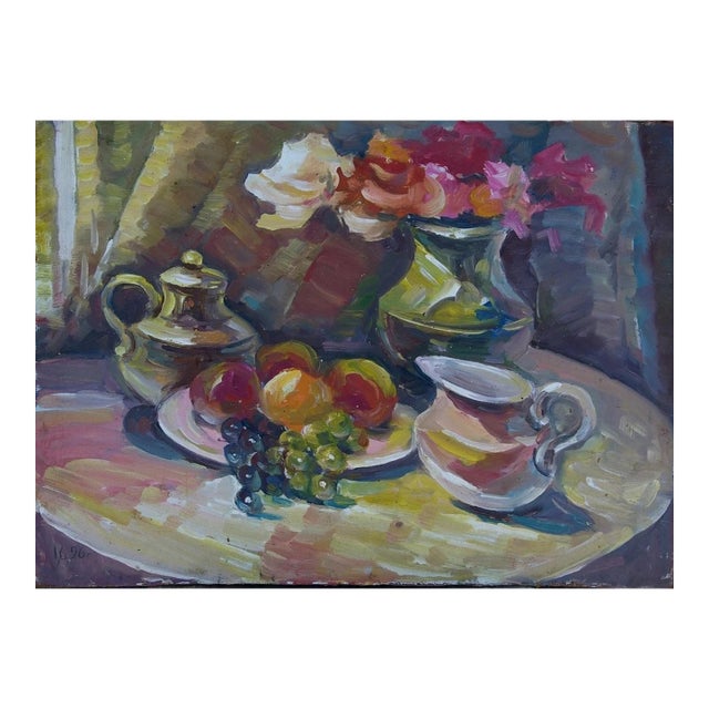 Antique Still Life Oil Painting: Flowers and Food by Ukrainian Artist 46-64 For Sale