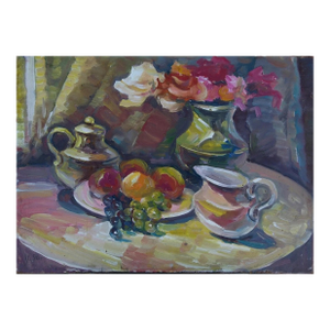 Antique Still Life Oil Painting: Flowers and Food by Ukrainian Artist 46-64
