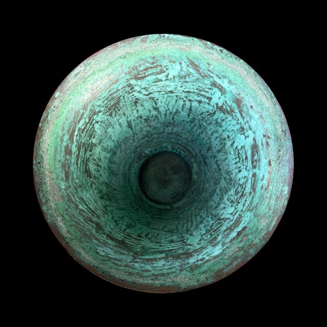 Verdigris Vintage Carl Sorensen Art Deco Verdigris Bronze Trumpet Vase With Gilt Rings For Sale - Image 8 of 8