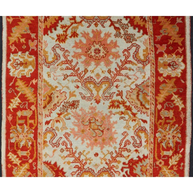 Antique Turkish Oushak with Elegant Motifs in Red, Ivory, Gold and Salmon Pink. Keivan Woven Arts / rug ZBH-15051, country...