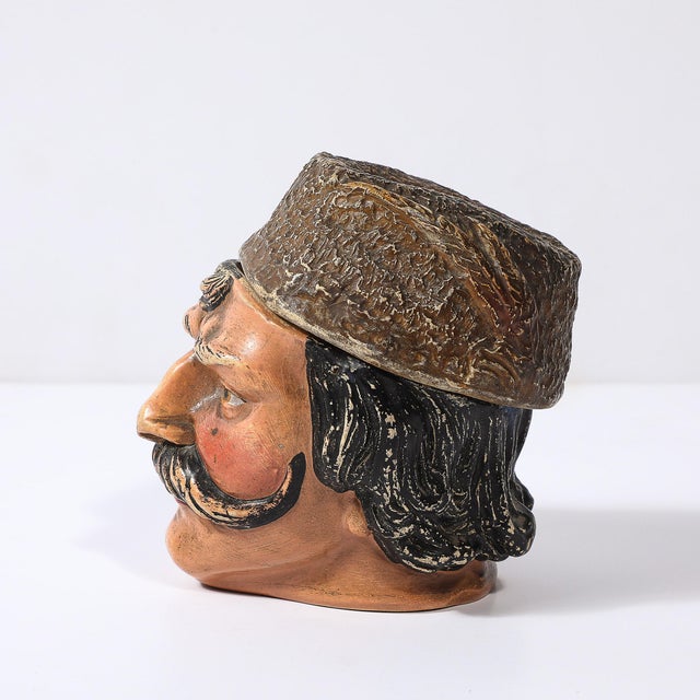 Rustic European Antique Hand-Painted Ceramic Tobacco Jar of a Man With Hat & Mustache For Sale - Image 3 of 11
