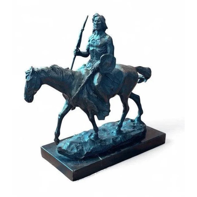 Copper Bronze Indian Chief on Horseback with Marble Base For Sale - Image 8 of 8
