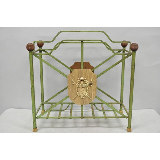 Vintage Italian Neoclassical Green Wrought Iron Book Magazine Rack W/ Shield For Sale - Image 15 of 15