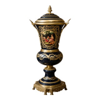 French-Style Blue Porcelain Urn With Lid – Romantic Scenic Medallion, Gold Leaf & Ornate Bronze Details For Sale