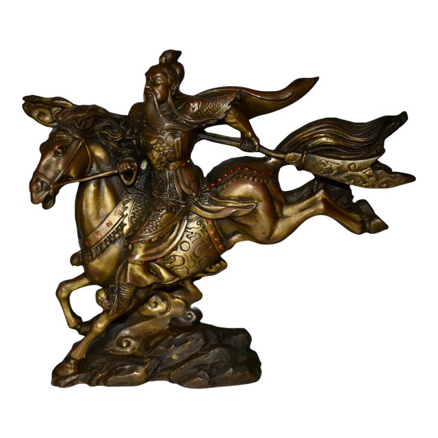 Vintage Solid Bronze Chinese Warrior Figure on Horse W/Jewels For Sale
