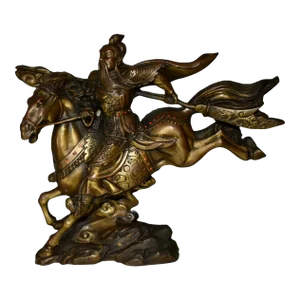 Vintage Solid Bronze Chinese Warrior Figure on Horse W/Jewels