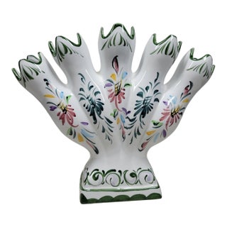Vintage RCCL Portugal White Floral Hand Painted 5 Finger Tulipiere Bud Vase For Sale