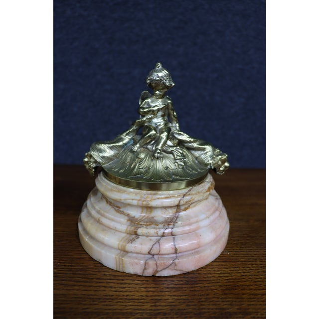 Neoclassical Pair of Italian Marble and Bronze Cherub Lidded Boxes For Sale - Image 3 of 10