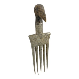 African Baule I.Coast Aluminum Comb W/ Wood Bird Head Sculpture 8 " H For Sale