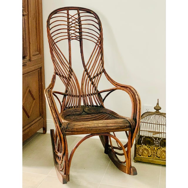 Rare Classic Rustic Antique Adirondack, Lake House, Farmhouse, Cabin Twig Bentwood Rocker, Late 19th- Early 20th Century....