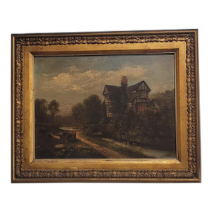 Antique Original Oil Painting English Tudor House Landscape by William Yale Circa 19th Century