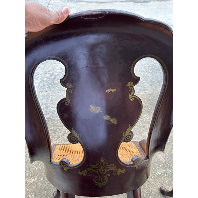 1900 - 1909 Pair of Mid Victorian Mother of Pearl Inlaid Papier Mâché Gilt Decor Set of Chairs For Sale - Image 5 of 12