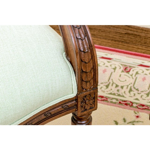 1920s Pair of French Louis XVI Revival Fruitwood Fauteuil Arm Chairs, Circa 1910–1920 For Sale - Image 5 of 7
