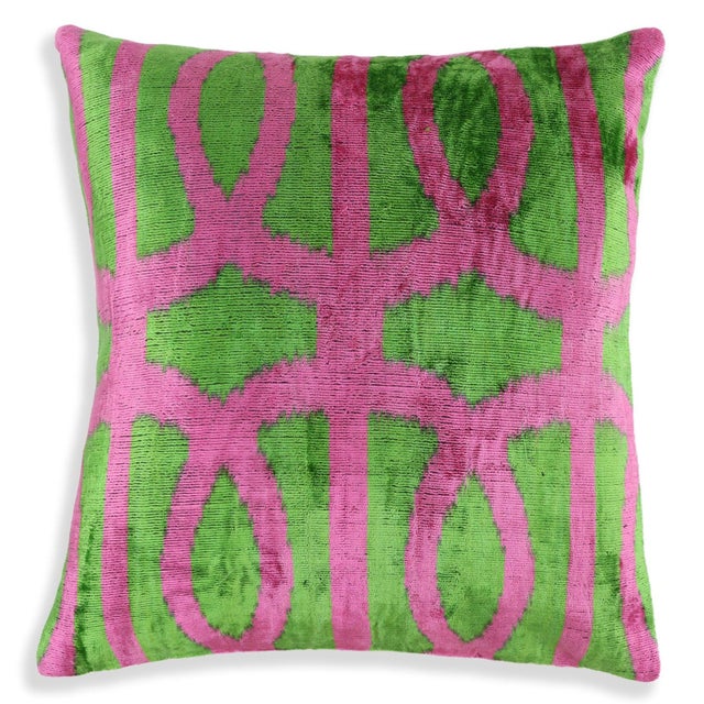 "Hand-sewn in California using Turkish &amp; Uzbek silk velvet Vibrant pink and green geometric pattern with a bold finish...