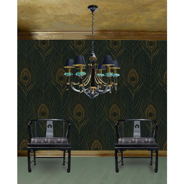 Italian Black Brass 6-Light Murano Crystal Chandelier With Metal Shades For Sale - Image 4 of 8