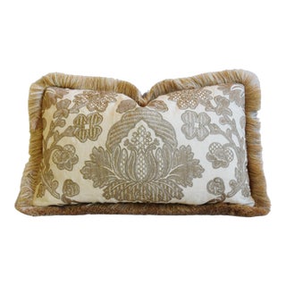 Italian Iconic Old World Weavers Gold Embroidered Feather/Down Pillow W/ Fancy Trim 22” X 15” For Sale