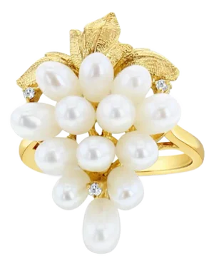 Freshwater Pearl Grape Cluster Cocktail Ring with Small Diamonds 14k Yellow Gold, Size 4