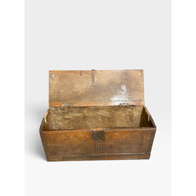 Antique English Carved Oak Trunk, 1650 For Sale - Image 17 of 18