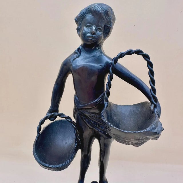 Stone Vintage Bronze Child With Two Baskets on Green Marble in the Manner of Suzanne Bizard (Unsigned) For Sale - Image 7 of 10
