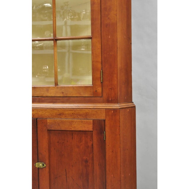 Antique Colonial Primitive Cherry Wood Glass Front Corner China Cabinet Cupboard For Sale - Image 9 of 18