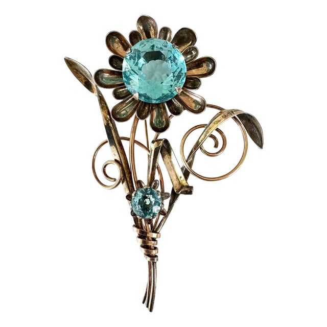 Early 20th Century Art Deco 12k Gold Filled Brooch With Large Blue Stone - Stamped and Signed Harry Iskin For Sale