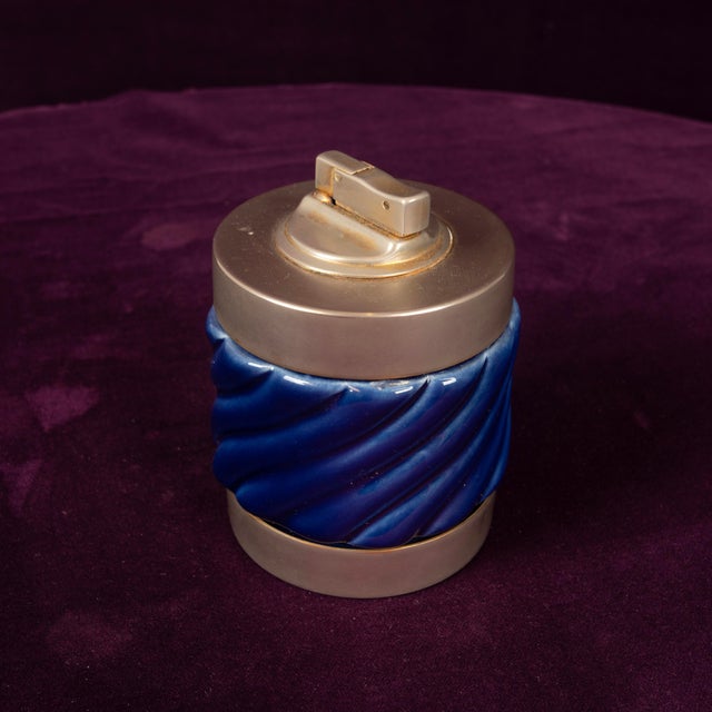 Blue Glazed Ceramic and Brass-Toned Metal Table Lighter by Tommaso Barbi, 1970s For Sale - Image 10 of 17