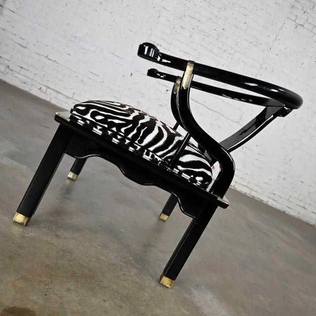 Vintage Ming Style Black Lacquer & Brass Low Chair After James Mont in Scalamandre El Morocco Espresso Fabric For Sale - Image 9 of 13