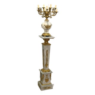 French White Pedestal With Candelabra-Style Porcelain Vase – Bronze & Gold Leaf Details For Sale