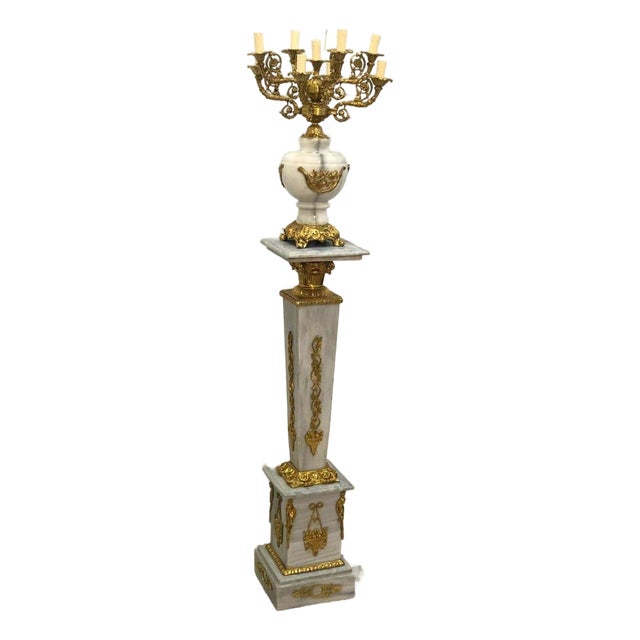 French White Pedestal With Candelabra-Style Porcelain Vase – Bronze & Gold Leaf Details For Sale