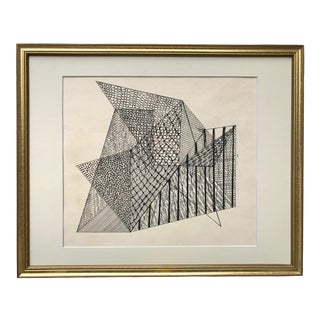 Vintage Mid Century Modern Geometric Abstract Pen Ink Drawing Style of Sonia Delaunay For Sale