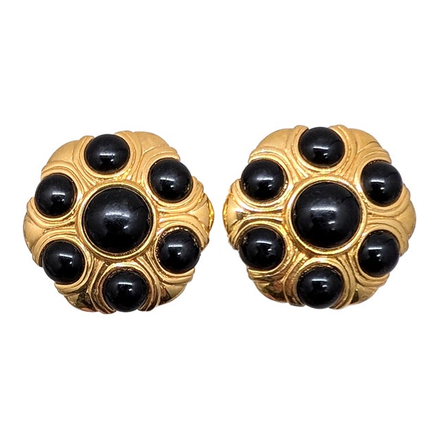Vintage 1980s Signed Napier Goldtone Cabochon Faux-Onyx Clip Earrings-2 Pieces For Sale