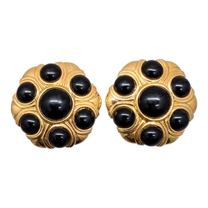Vintage 1980s Signed Napier Goldtone Cabochon Faux-Onyx Clip Earrings-2 Pieces
