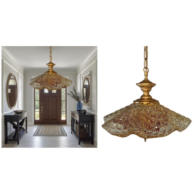 Contemporary Vintage Murano Fazzoletto Art Glass “Fiore Di Fuoco” Amber Red Pendant Light For Sale - Image 3 of 18